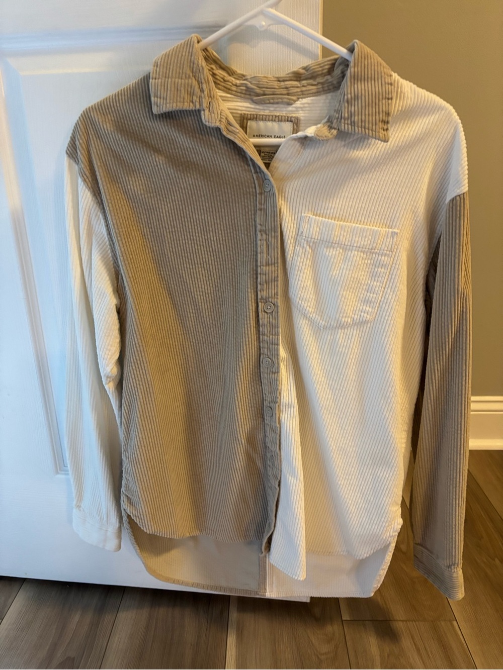 American Eagle Outfitters Two-Tone Corduroy Button-Up Shirt in Beige and Cream